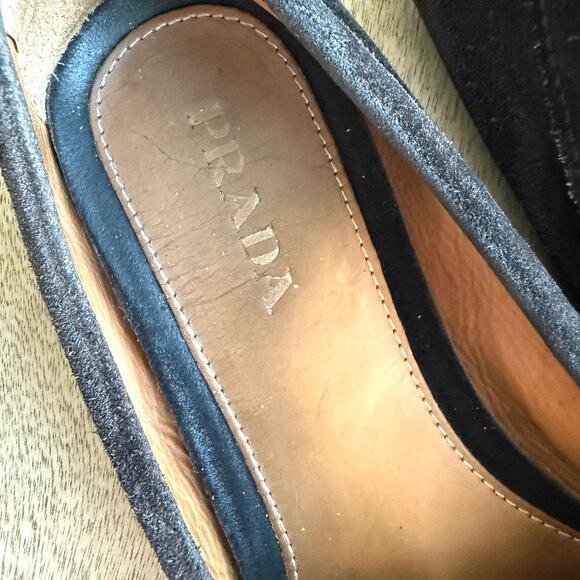 PRADA Suede Driving Loafers Brown Bow Logo Driving Shoes Made in Italy 37.5 - Picture 3 of 10